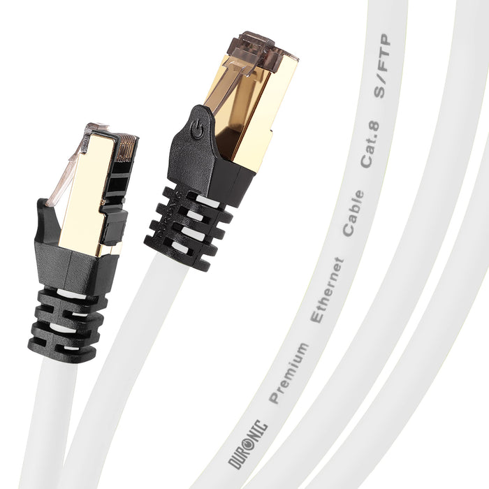 Duronic Ethernet Cable 1M High Speed CAT 8 Patch Network Shielded Lead 2GHz / 2000MHz / 40 Gigabit, CAT8 SFTP Wire, Snagless RJ45 Super-Fast Data - White