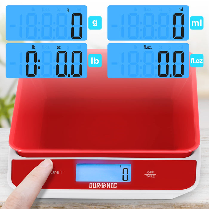 Duronic Kitchen Scales with Bowl KS100 RD for Baking Postal Parcel Weigh | Red Design with 1.2L Bowl | 5kg Capacity | Tare | 1g Precision