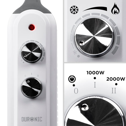 Duronic Electric Heater featuring a thermostat dial and a three-way power switch.