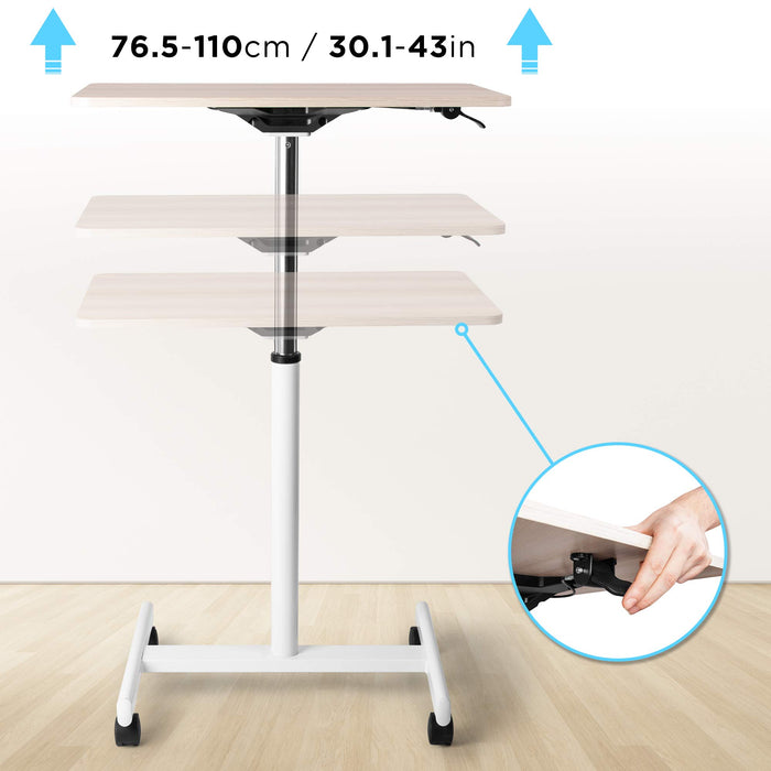 Duronic Sit-Stand Desk WPS67 | Brown/White Ergonomic Desk | Multi-Use Video Projector Table on Wheels | 70x48cm Platform | Portable | Adjustable Height | 30kg Capacity | For Home/Office/Workspace