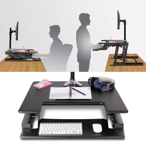 Duronic Sit-Stand Desk shown in sitting and standing positions with a keyboard tray.