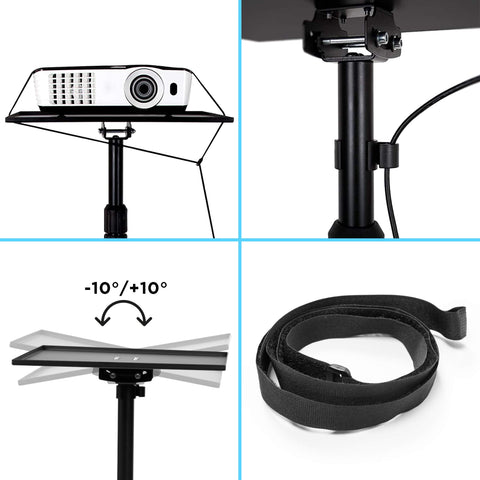 Duronic Projector Stand with tilting tray, cable clip, and safety strap.