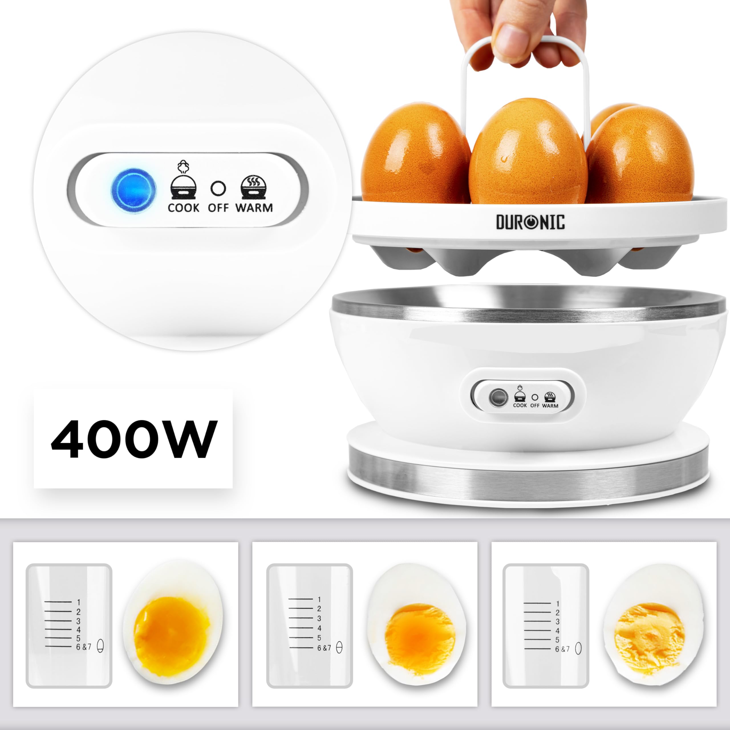 Duronic Electric Egg Boiler EB27 WE, Steamer for Eggs, Egg Cooking Machine, Automatic Egg Boiler Electronic Egg Poacher Machine  for 7 Soft, Medium & Hard Boiled Eggs