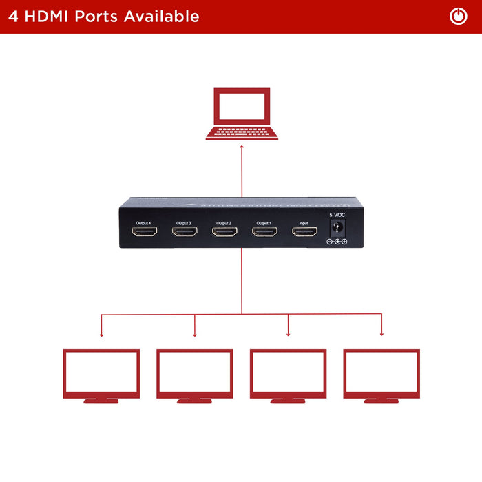 Duronic HDMI Splitter box HS14 - 4 Way - 1 input 4 output - Full HD 1080p 3D enabled - Displays 1 HD source to 4 TV's