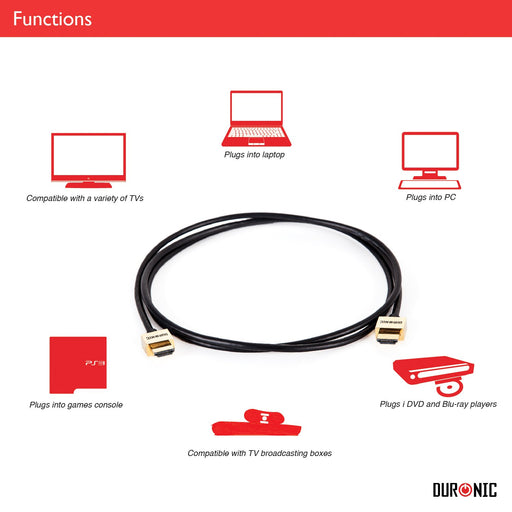 Duronic HDMI Cable (HDC02 /2), 2 Metre, Black, 1080p High Speed HDMI & Ethernet Lead, 24K Gold Plated Male Connectors, Ideal for PS4, PS3, Xbox, Nintendo, Sky+ HD, Virgin, TV, DVD, BluRay