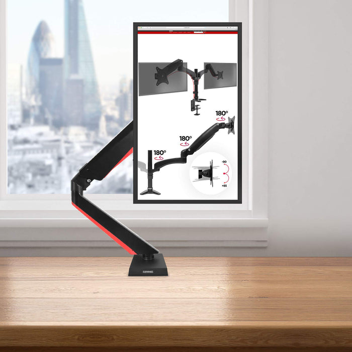 Duronic Monitor Arm Stand DMGM5X1 | Single PC Desk Mount with Red LED Lights | Height Adjustable | For One 15-32 Inch Screen | VESA 75/100 | 8kg Capacity | Tilt +90°/-85°, Swivel 360°,Rotate 360°