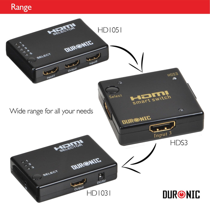 Duronic HDMI Switch HRS1031]3 Port HDMI Auto Switch Box plus Remote - 3x1 HUB (3 way input 1 output) 1080p Full HD Switcher