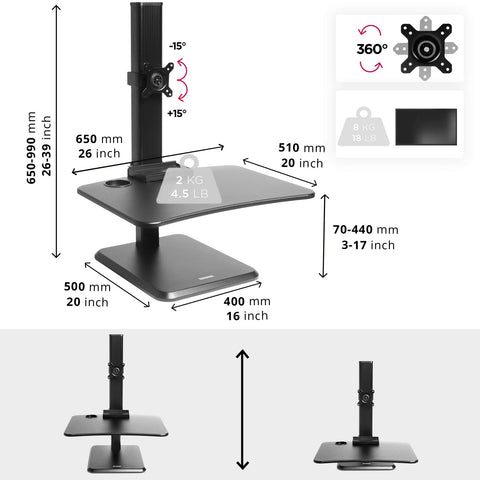 Duronic Sit-Stand Desk with monitor mount, showing dimensions, weight capacities, and height range variations.
