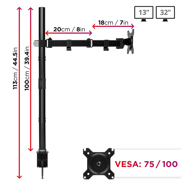 Duronic Single Monitor Stand DMT151X3 Monitor Arm Desk Mount for 13-32” PC Screens Adjustable Tilt Monitor Mount with 100cm Pole Gaming Monitor with VESA 75 100 Monitor Riser for Home Office Work Desk