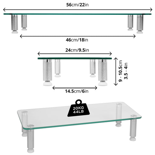 Duronic Monitor Stand Riser DM052-1 | Laptop and Screen Stand for Desktop | Clear Tempered Glass | Support for a TV or PC Computer Monitor | Ergonomic Office Desk Shelf | 20kg Capacity | 56cm x 24cm