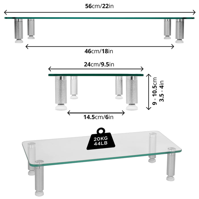 Duronic Monitor Stand Riser DM052-1 | Laptop and Screen Stand for Desktop | Clear Tempered Glass | Support for a TV or PC Computer Monitor | Ergonomic Office Desk Shelf | 20kg Capacity | 56cm x 24cm