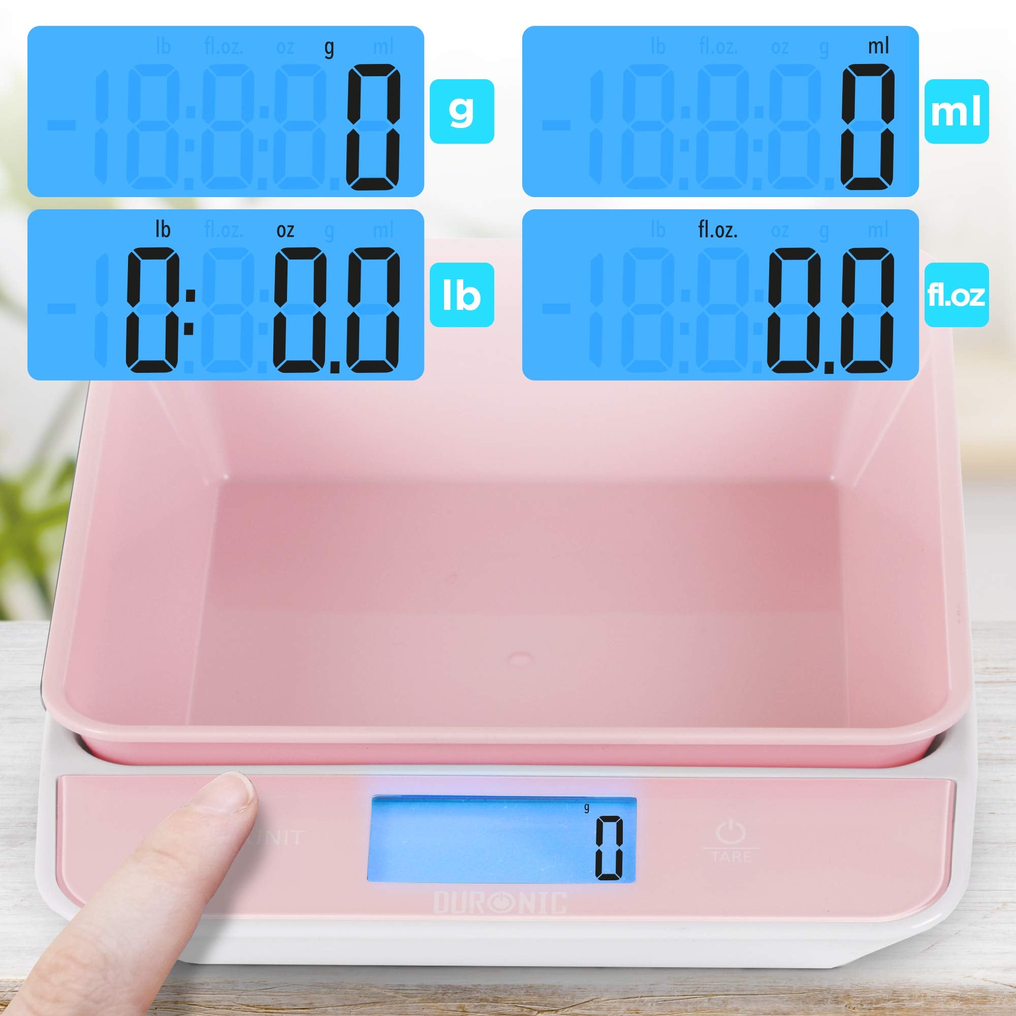 Duronic Kitchen Scales with Bowl KS100 PK for Baking Postal Parcel Weigh | Pink White Design with 1.2L Bowl | 5kg Capacity | Tare | 1g Precision