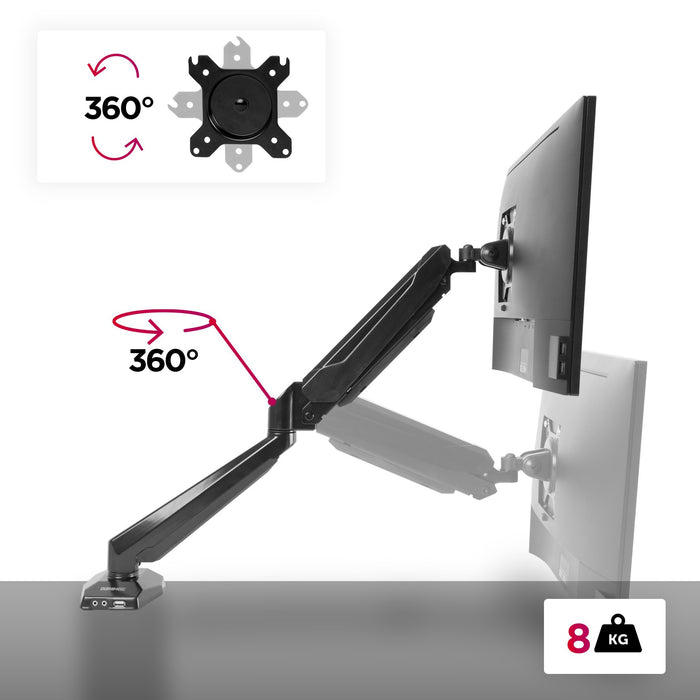 Duronic Monitor Arm Stand DMUSB5X1 | Single PC Desk Mount | Headphone, USB, Microphone Extension Sockets | 13-27” LED LCD Screen | VESA 75/100 | Full Motion (Tilt -90°/+85°, Swivel 180°, Rotate 360°)