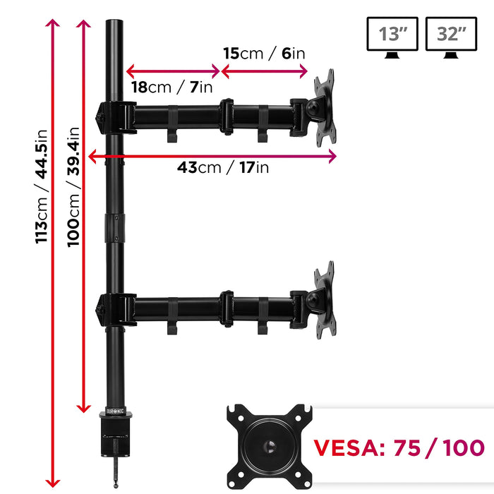 Duronic Dual Monitor Arms DMT252VX2 Height Adjustable PC Monitor Stand with 100cm Pole C Clamp Monitor Risers for 13-27” Screens Desk Mounts with 8kg Capacity and VESA 75/100 for Home Office Work