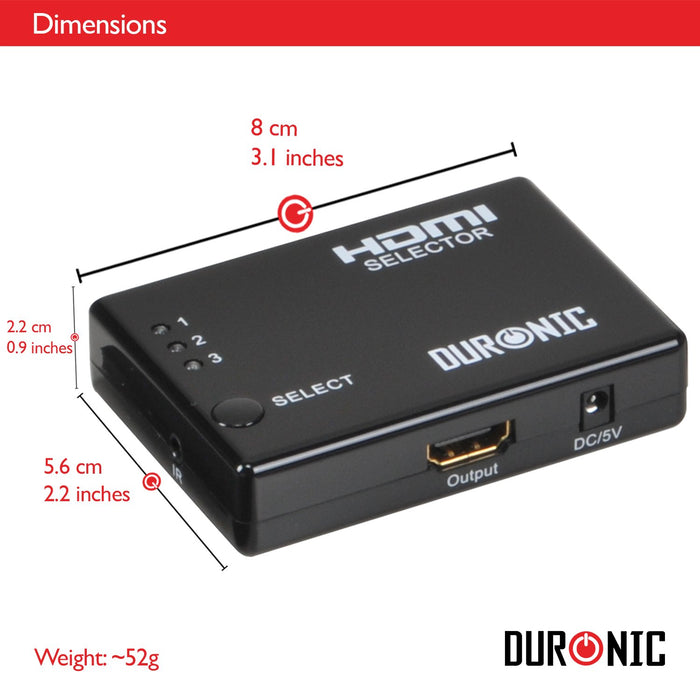 Duronic HDMI Switch HRS1031]3 Port HDMI Auto Switch Box plus Remote - 3x1 HUB (3 way input 1 output) 1080p Full HD Switcher