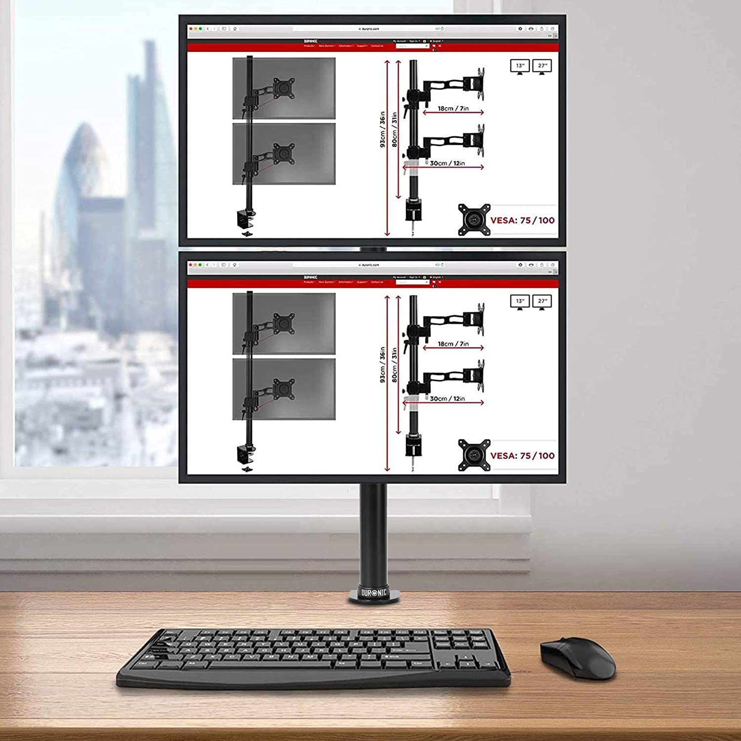 Duronic Dual Monitor Stand DM15V2 for 13-32” Screens, Adjustable Twin Monitor Mounts, Monitor Arms with VESA 75 100 Monitor Riser with C Clamp, Double Monitor Stand for Work, Home Office Desk & Gaming