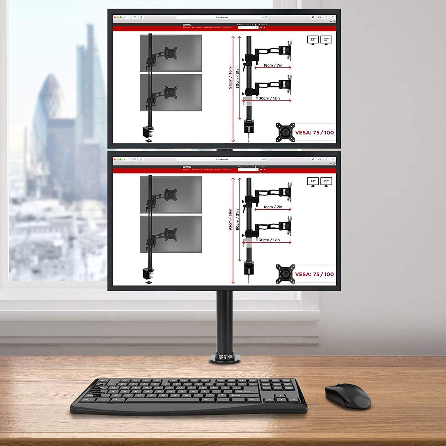 Duronic Dual Monitor Stand DM15D2V2, Dual Monitor Arms for two 13-32” PC LCD Screens, Height Adjustable Dual Monitor Mount, Gaming Monitor with VESA 75 100, Monitor Riser for Work & Home Office Desk