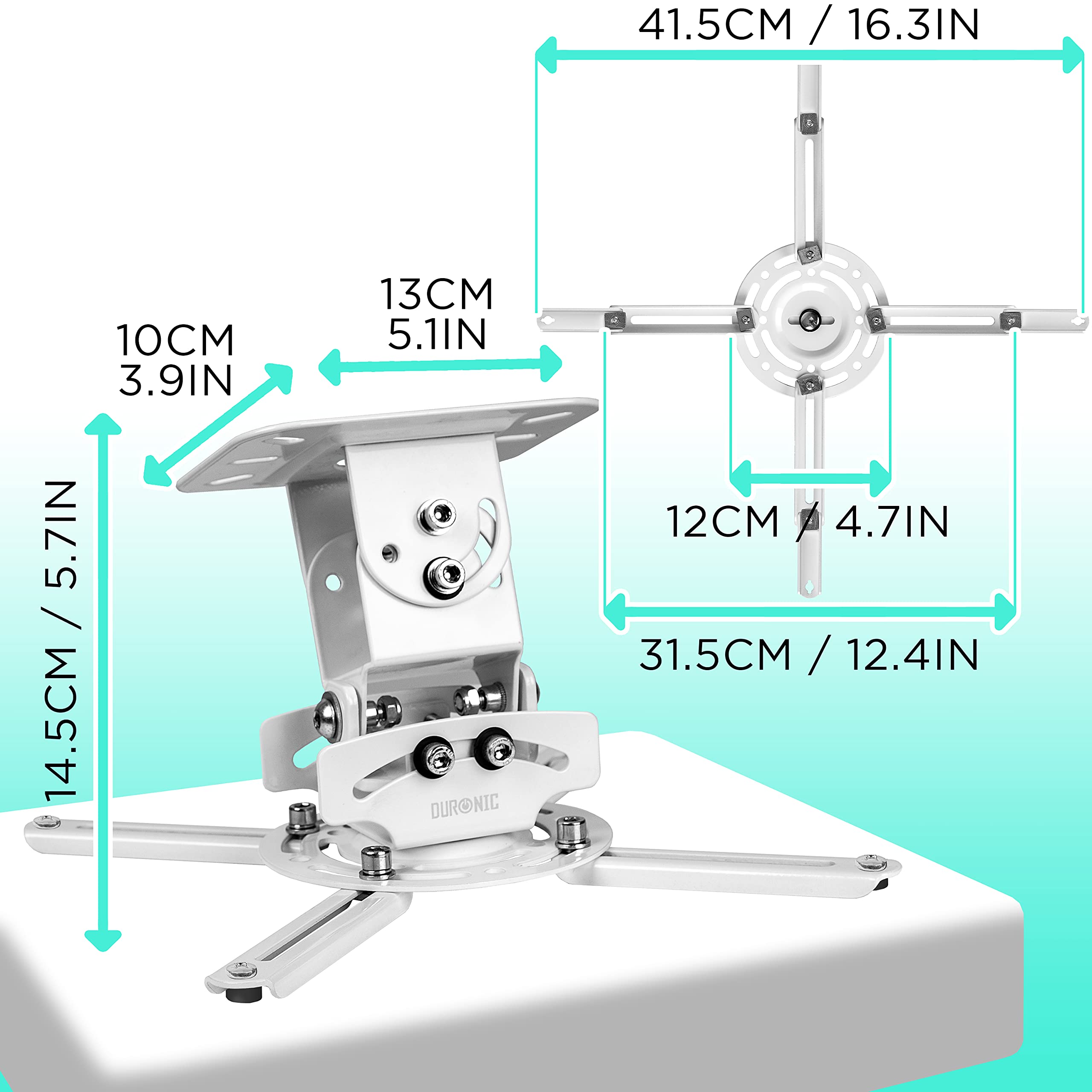 Duronic Projector Mount Stand for Ceiling or Wall Bracket PB06XL | 13.6kg Capacity | Extendable Universal Heavy Duty Adjustable Clamp | Tilt Swivel Rotate | White