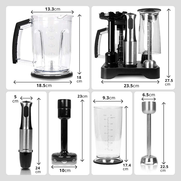 Duronic Hand Blender HB8010 | Immersion Stick Blender | 5 Speed | Turbo Function | 800W | Stainless-Steel | Cooking Wand with Four Attachments: Whisk, Chop, Mash & Blend | 2 Jugs | Plus Storage Stand