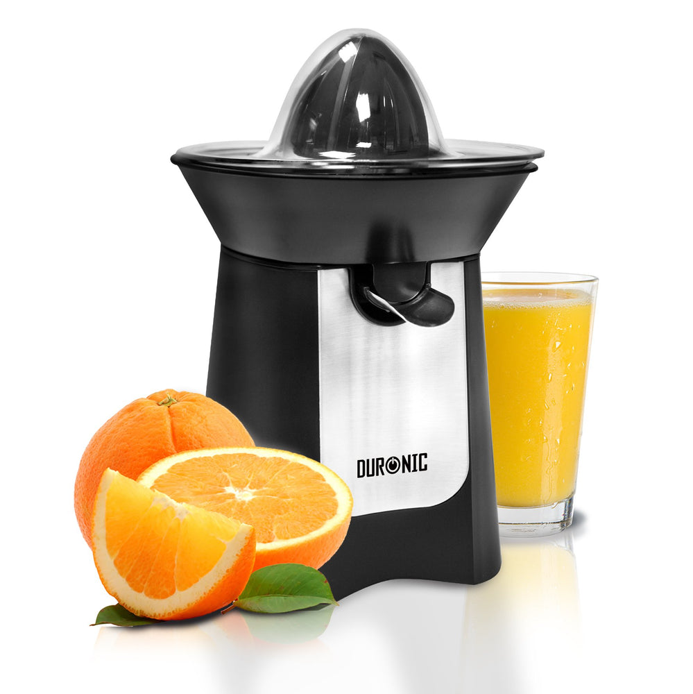 Duronic Citrus Juicer JE6 BK | Electric Juice Extractor | Powerful 100W | Black and Stainless-Steel | 2 Cone Sizes | Dripless Spout | Squeezes and Presses Different Sized Fruits: Oranges, Lemons...