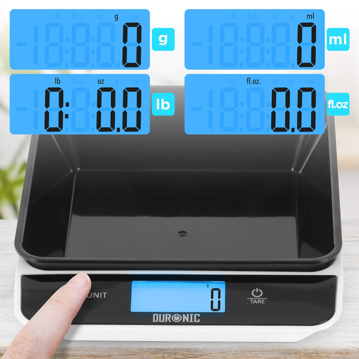 Duronic Digital Kitchen Scales KS100 BK, Black/White Design with 1.2L Bowl, 5kg Capacity, LCD Backlit Display, Add & Weigh Tare, 1g Precision, Measure Ingredients for Cooking & Baking