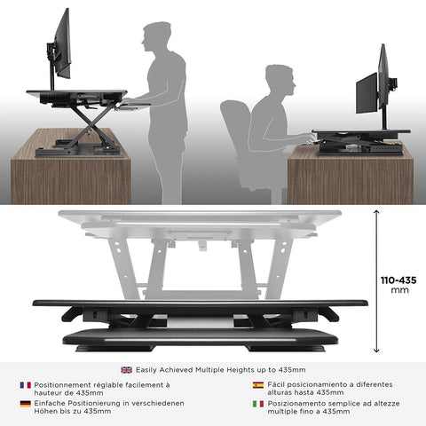 Duronic Sit-Stand Desk shown in sitting and standing positions with 110-435mm range.