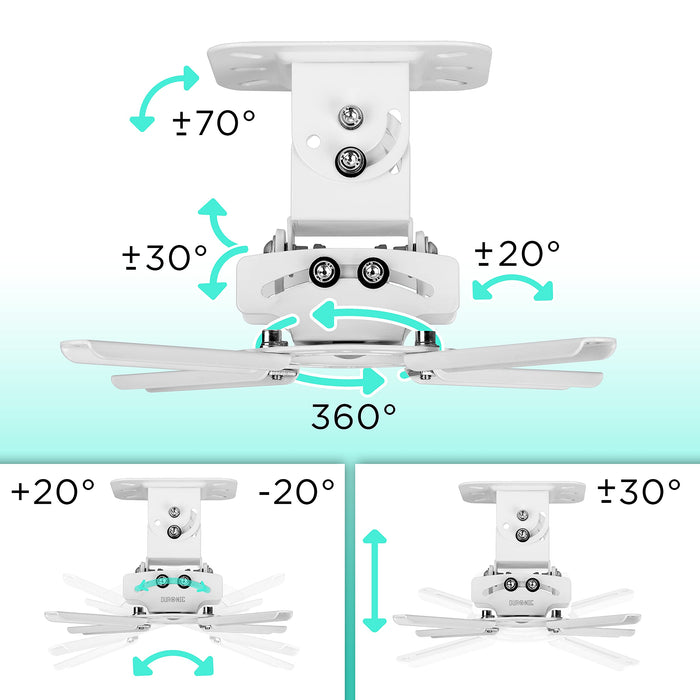 Duronic Projector Mount Stand for Ceiling or Wall Bracket PB05XB | 13.6kg Capacity | Universal Heavy Duty Adjustable Clamp | Tilt Swivel Rotate | White