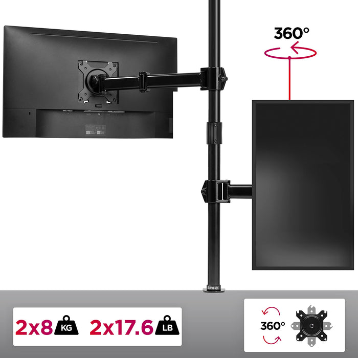 Duronic Dual Monitor Arms DMT252VX2 Height Adjustable PC Monitor Stand with 100cm Pole C Clamp Monitor Risers for 13-27” Screens Desk Mounts with 8kg Capacity and VESA 75/100 for Home Office Work