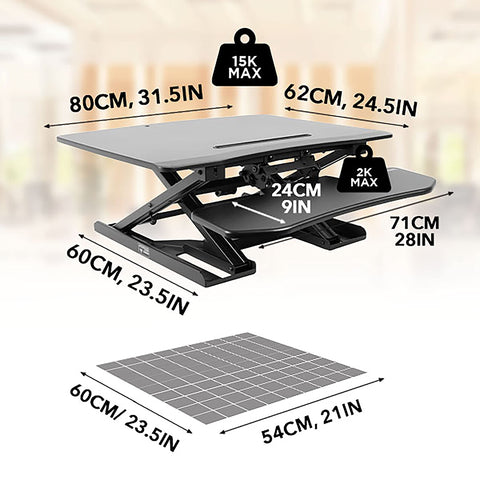 Duronic Sit-Stand Desk with dual tiers, showing detailed dimensions and weight capacity for Shopify.