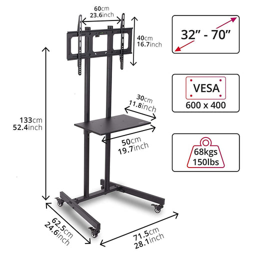 Duronic Mobile TV Stand on Wheels TVS5T1, Trolley Mount with Shelf Heavy duty for 32-70 Inch Flat Screen Television LCD LED OLED QLED, VESA Up to 600x400, Max. 68kg / 150lbs Capacity