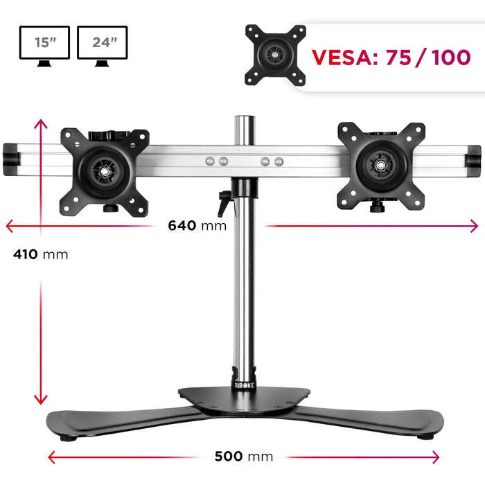 Duronic Computer Monitor Arms Stand DM752 Dual Freestanding PC Multi Arm Desk Mount Height Adjustable Stands for VESA 75/100 Two 15-24 Inch LED LCD Screens 8kg Capacity Mounts Tilt -15/+15 Rotate 360 - Black