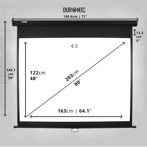 Duronic 80" Projector Screen MPS80 /43 BK, BLACK Pull-Down Projector Screen, Screen Size: 163x122cm / 64x48”, 4:3 Ratio, Matt White +1 Gain, HD High Definition, Home Cinema School Office