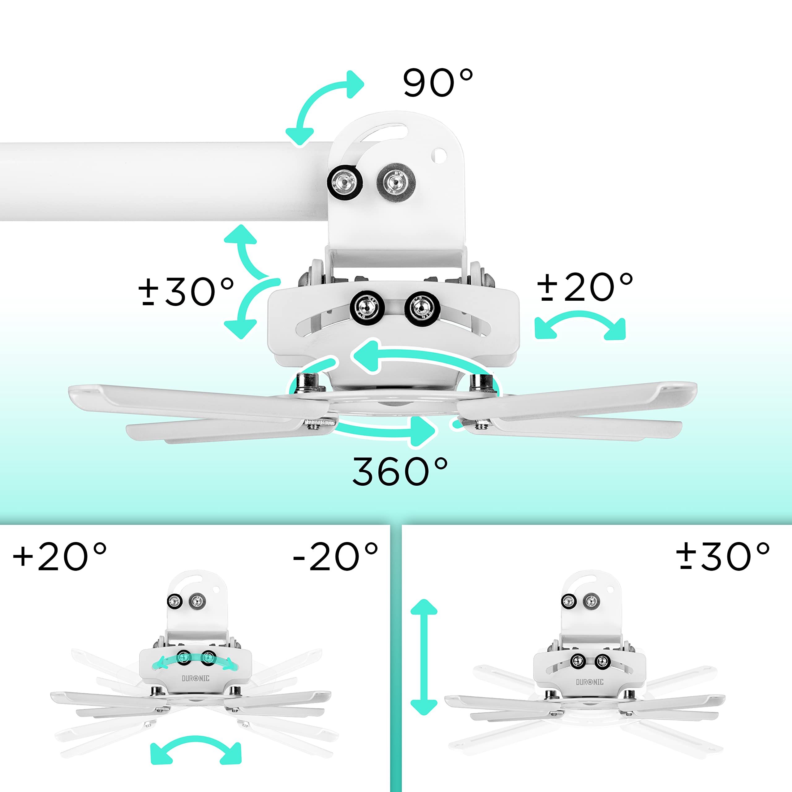 Duronic Projector Mount Stand for Ceiling or Wall Bracket PB06XL | 13.6kg Capacity | Extendable Universal Heavy Duty Adjustable Clamp | Tilt Swivel Rotate | White