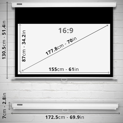 Duronic Projector Screen with dimensions for height, width, and white casing housing.