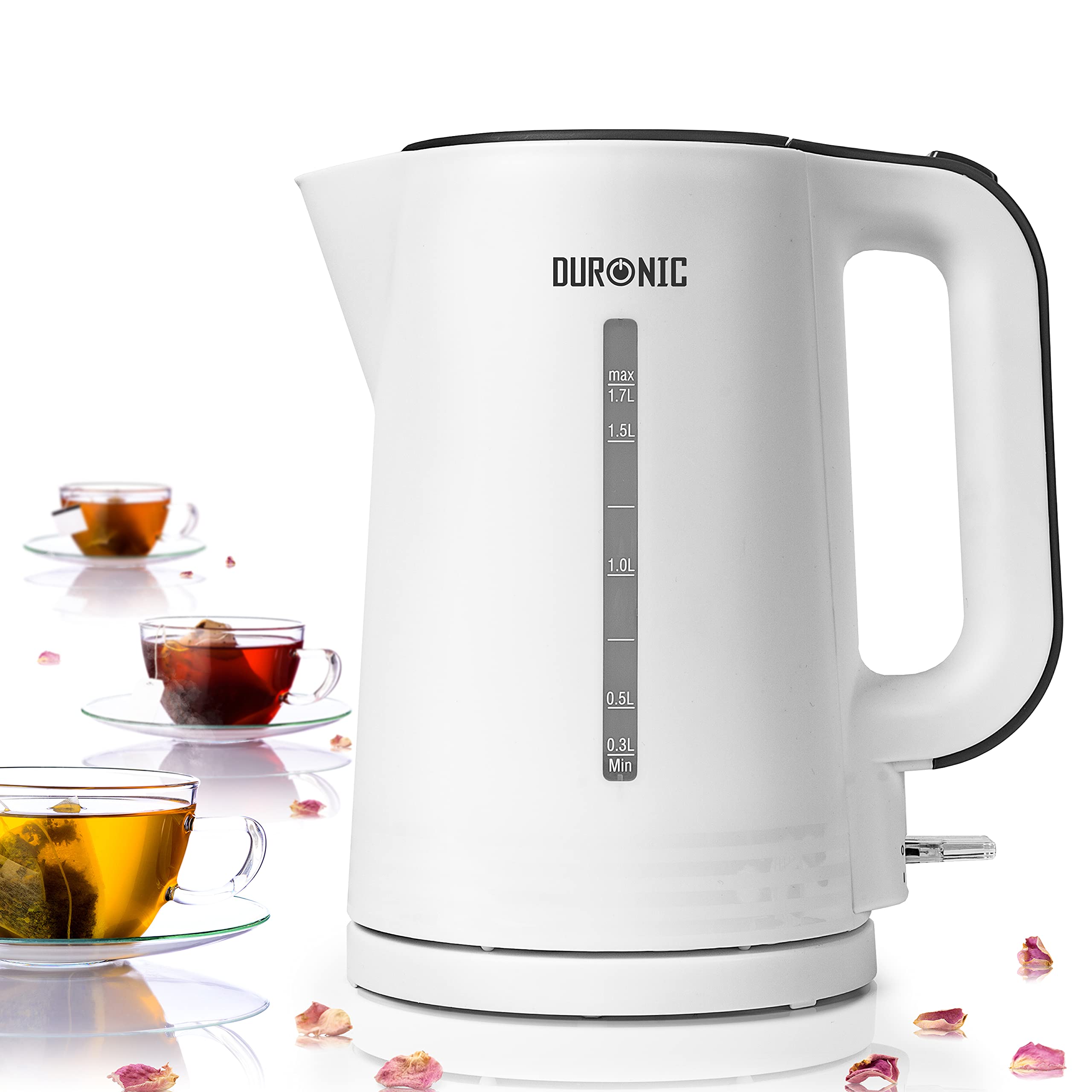 Duronic Electric Kettle EK17 /WE, WHITE 1.7L Fast Boil Kettle, 3000W Power, Contemporary Design, Cordless, 360° Base, Auto Shut-Off / Boil-Dry Protection, Flip Top Lid