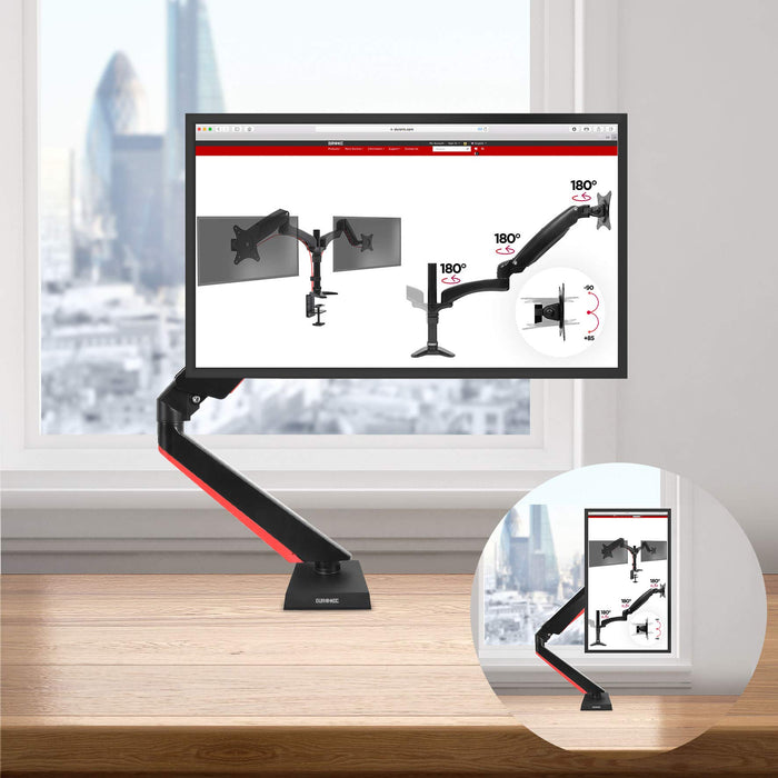 Duronic Monitor Arm Stand DMGM5X1 | Single PC Desk Mount with Red LED Lights | Height Adjustable | For One 15-32 Inch Screen | VESA 75/100 | 8kg Capacity | Tilt +90°/-85°, Swivel 360°,Rotate 360°