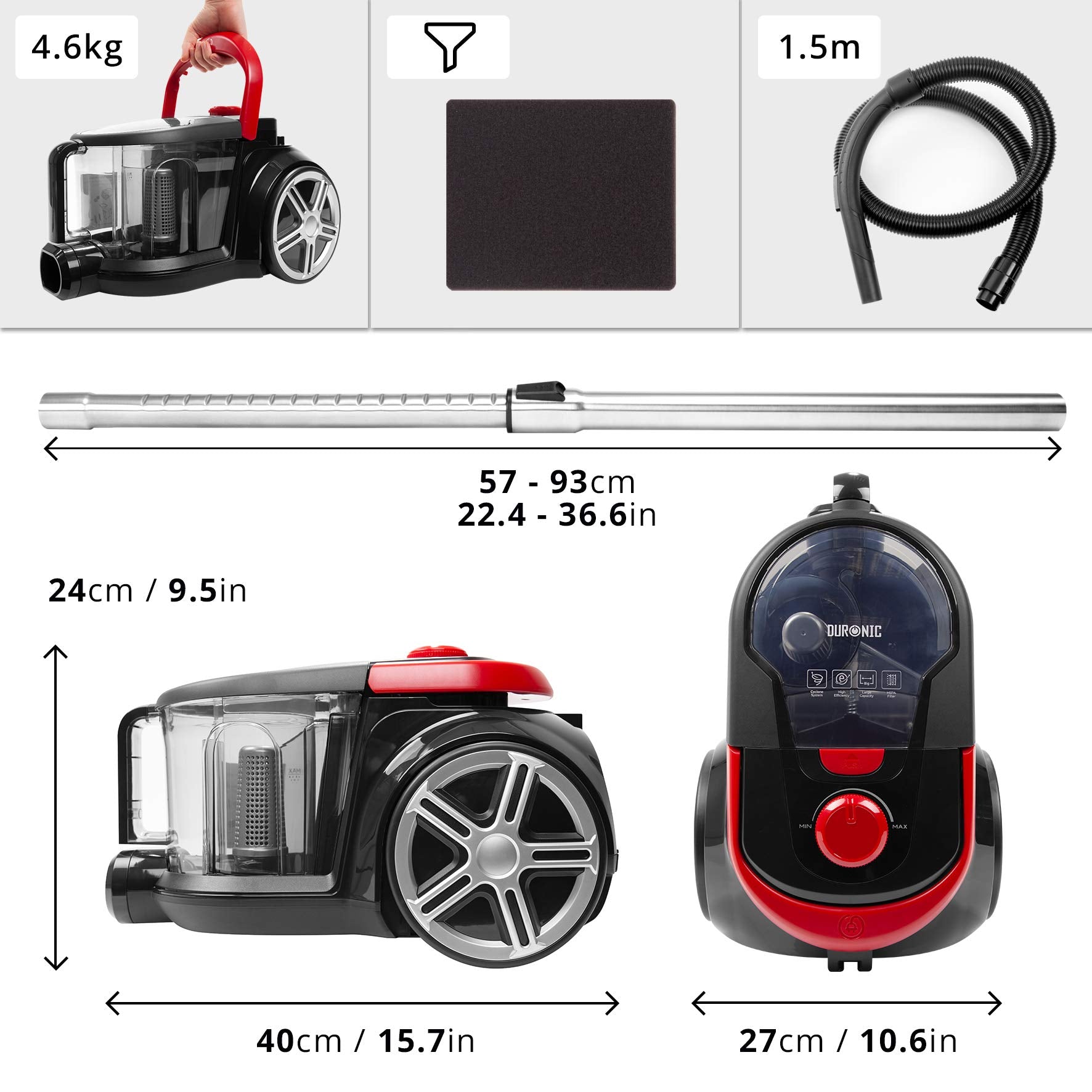 Duronic Bagless Cylinder Vacuum Cleaner VC7020 | Cyclonic Pet Carpet and Hard Floor Cleaner | 700W | Washable HEPA Filter | Extendable Hose | Turbo Brush & 2-in-1 Tool Included [Energy Class A+]