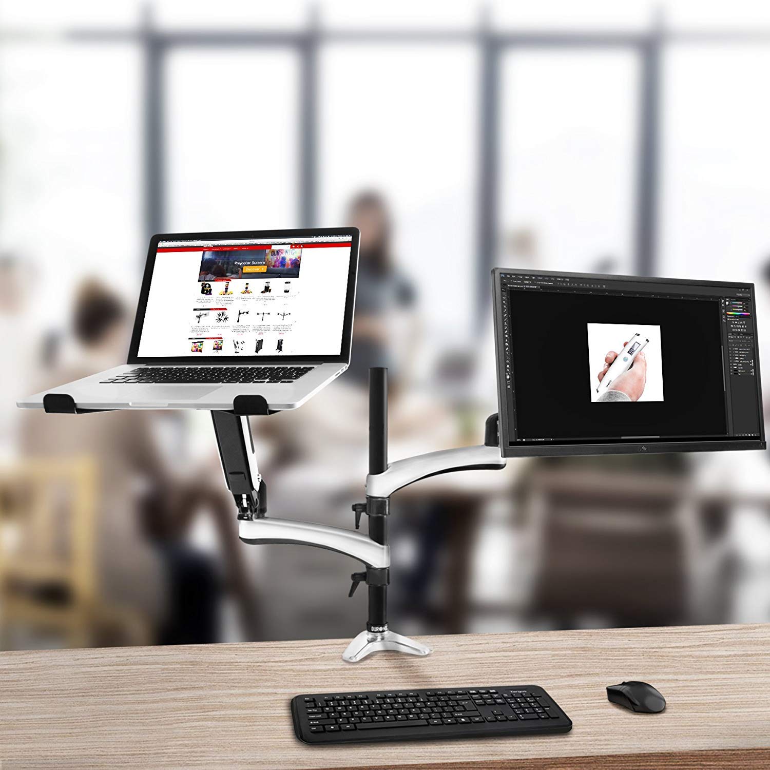 Duronic Desk Mount DM65L1X1 | Dual Gas-Powered Monitor Stand for 15-27 Inch LCD/LED PC/TV Screen and Laptop | Twin Arms | Adjustable Support | VESA 75/100 Bracket | Tilt 15-27-90°/+85°,Swivel 180°,Rotate 360°