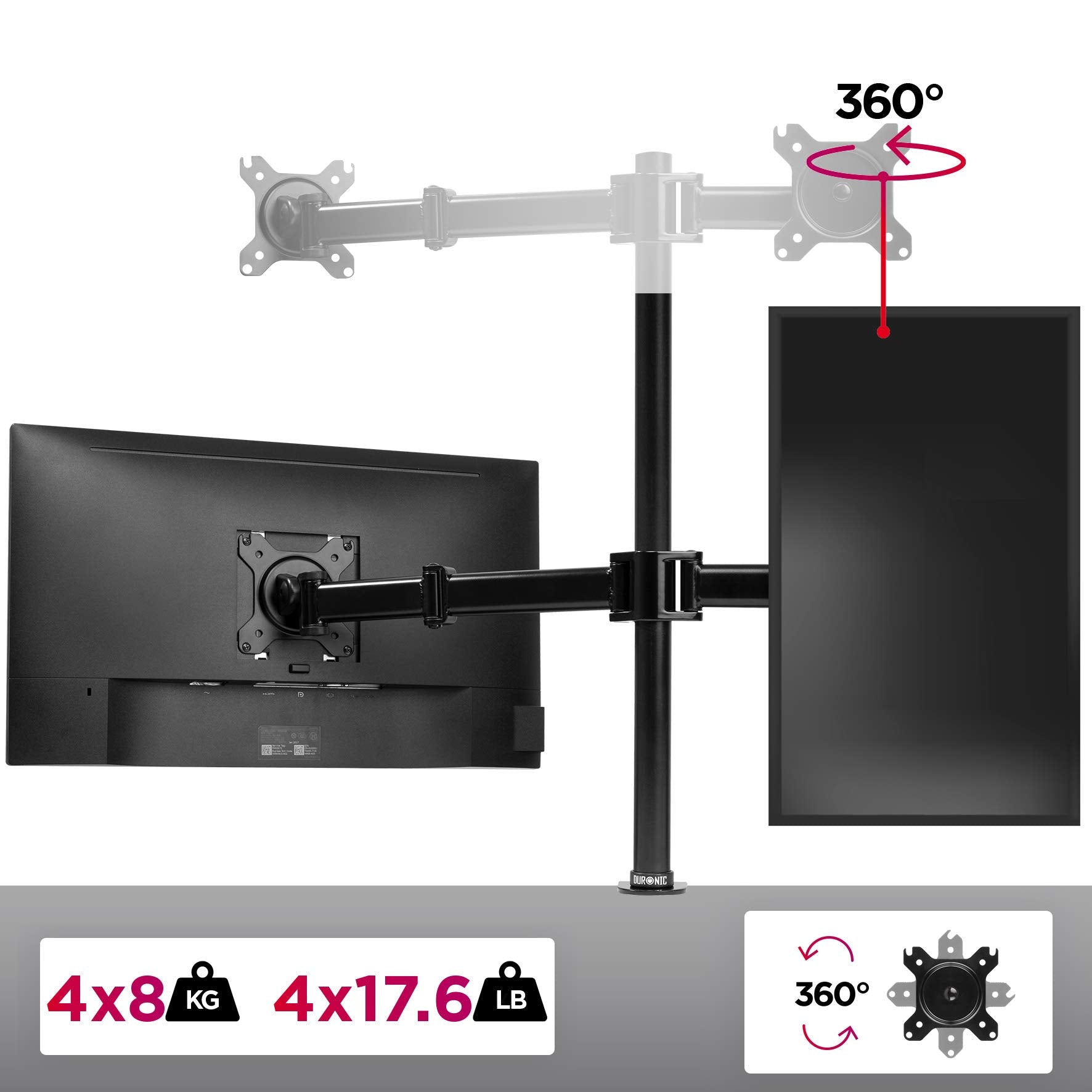 Duronic Computer Quad Monitor Arms DM254 Adjustable Quad Monitor Stand Riser Clamp for 13-27” screens 4 Monitor Desk Mounts with VESA 75/100 Four Monitor Mount with 8kg Capacity Stand for Home Office