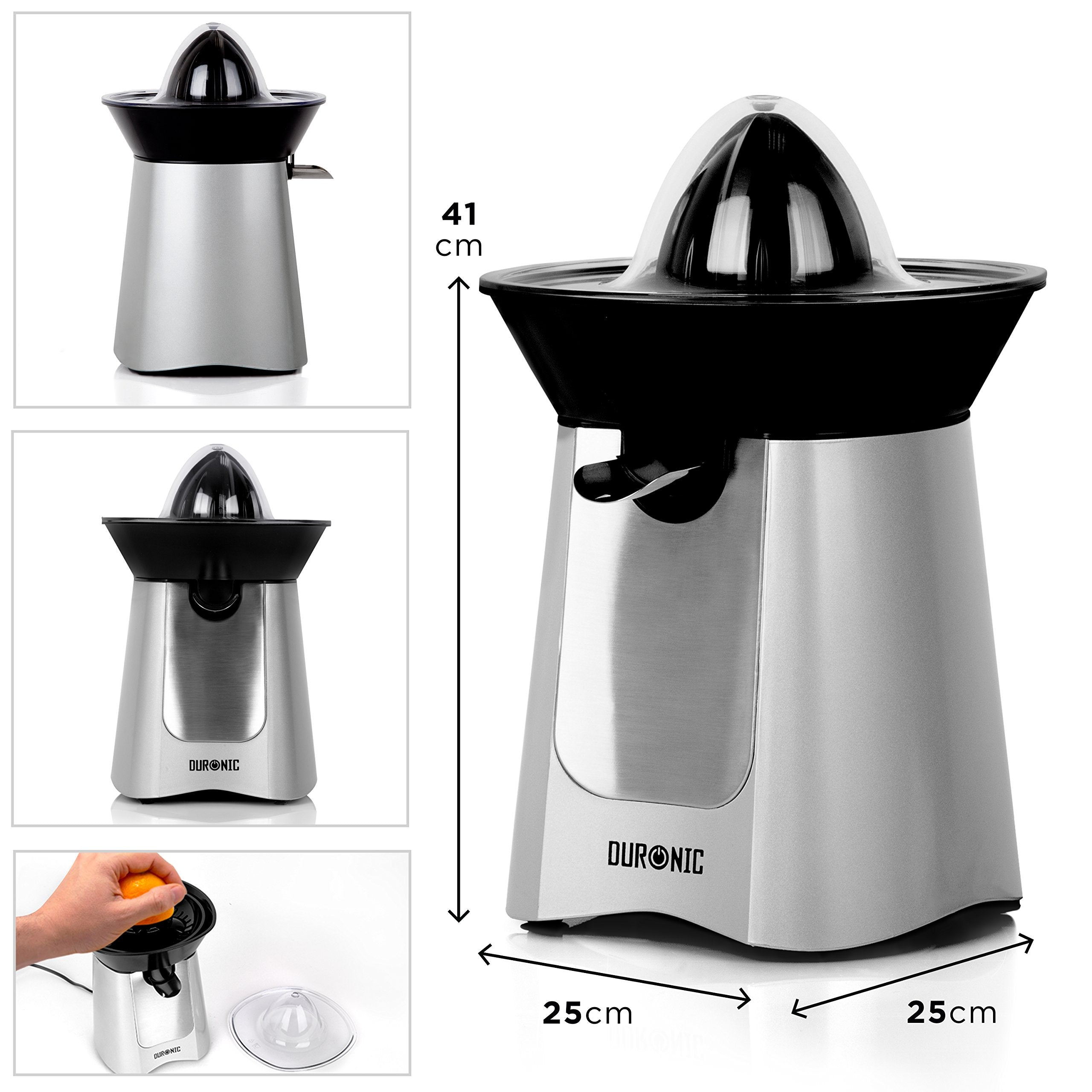 Duronic Electric Citrus Juicer JE6SR Silver 100W Powerful Citrus Press Juicer Ideal for Fresh Citrus Juice Oranges Lemons Lime Squeezer Juice Machine 2 Interchangeable Press Cones