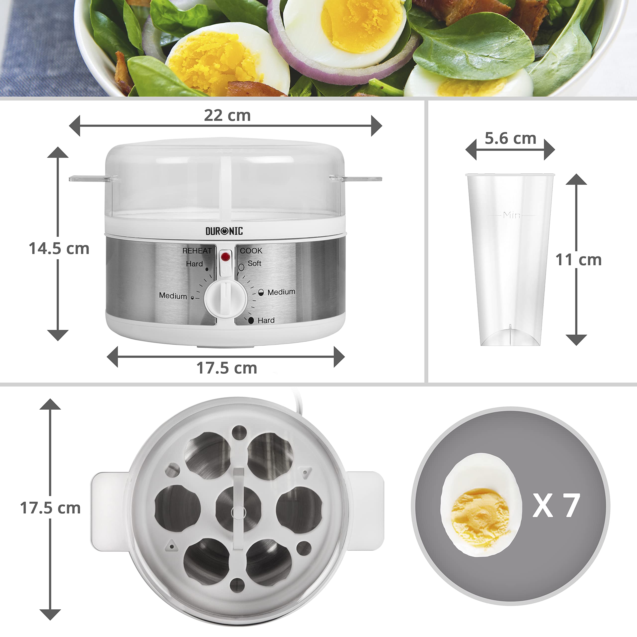 Duronic Electric Egg Boiler EB35 WE, Steamer for Eggs, Egg Cooking Machine, Automatic Egg Boiler Electronic Egg Poacher Machine for 7 Soft, Medium & Hard Boiled Eggs