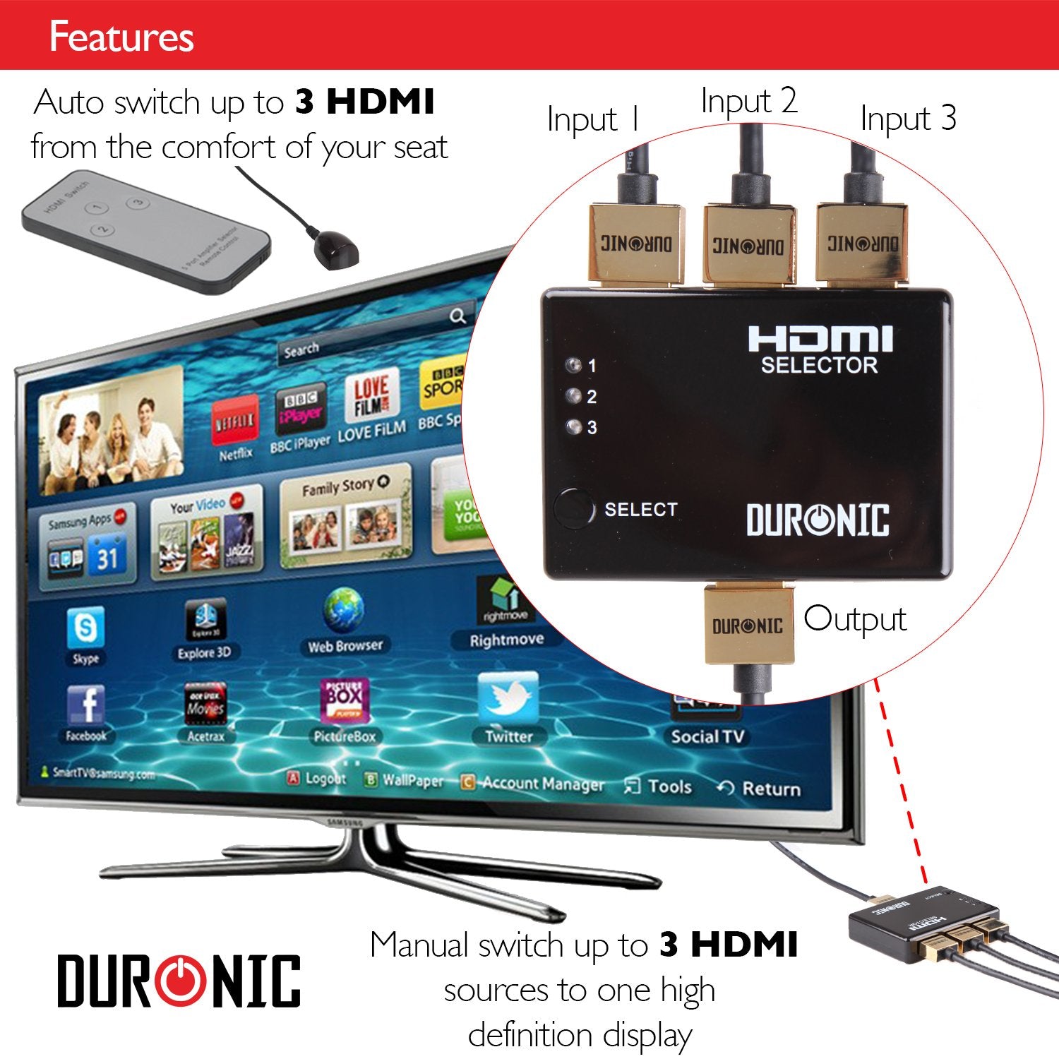 Duronic HDMI Switch HRS1031]3 Port HDMI Auto Switch Box plus Remote - 3x1 HUB (3 way input 1 output) 1080p Full HD Switcher