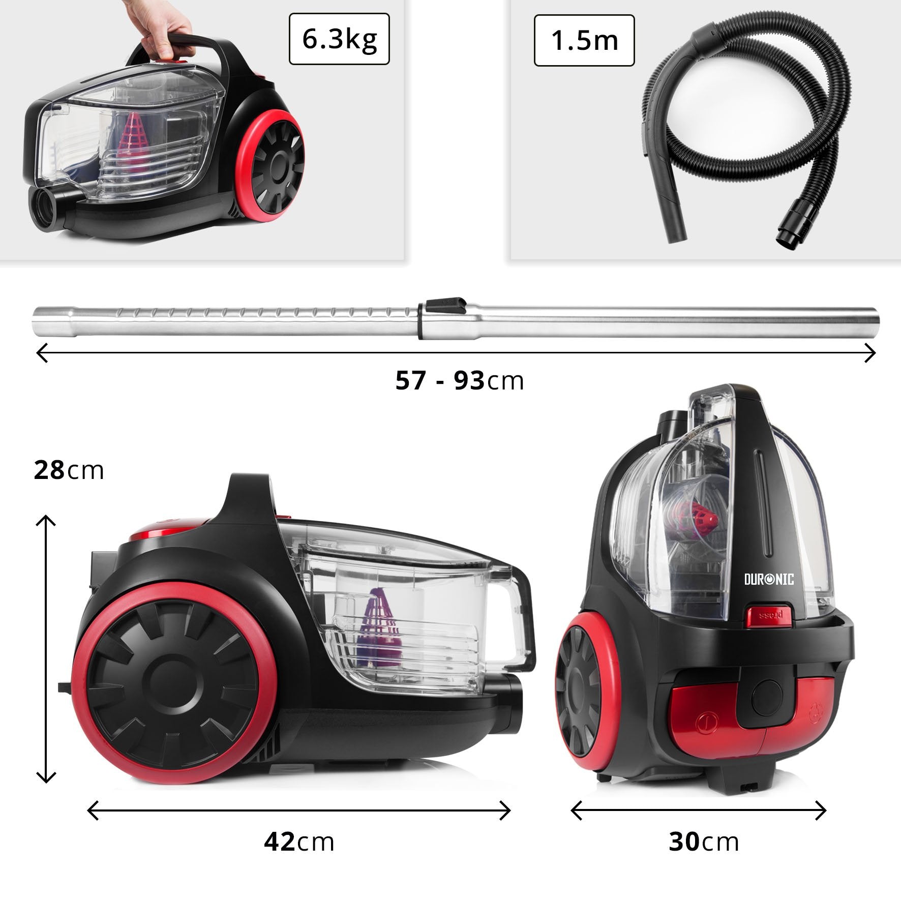 Duronic Bagless Cylinder Vacuum Cleaner VC5010, Cyclonic Carpet and Hard Floor Cleaner, 500W, Lightweight and Low Noise, HEPA Filter, Extendable Hose, Comes with 4 Attachments [Energy Class A+]