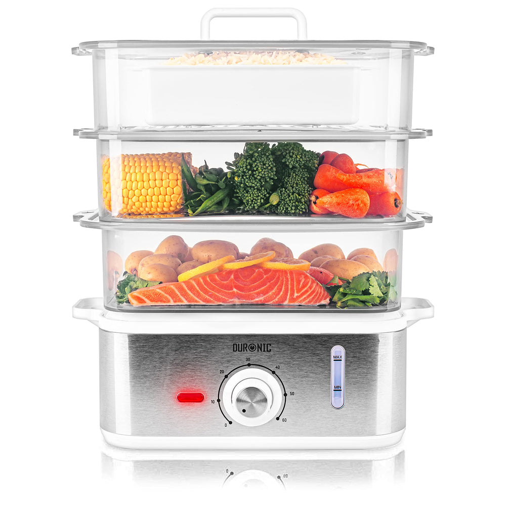 Duronic Electric Food Steamer FS87, 3 Tier Vegetable Steamer with Rice Bowl, BPA Free Dumpling Maker with 870W and Timer Function to Steam Rice, Dumpling, Vegetables