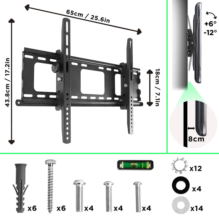 Duronic TV Wall Bracket TVB103M with Tilt Television Heavy Duty Adjustable Mount for 32-65 Inch Wide Screen TVs VESA 200x200-600x400 Tilting - Black