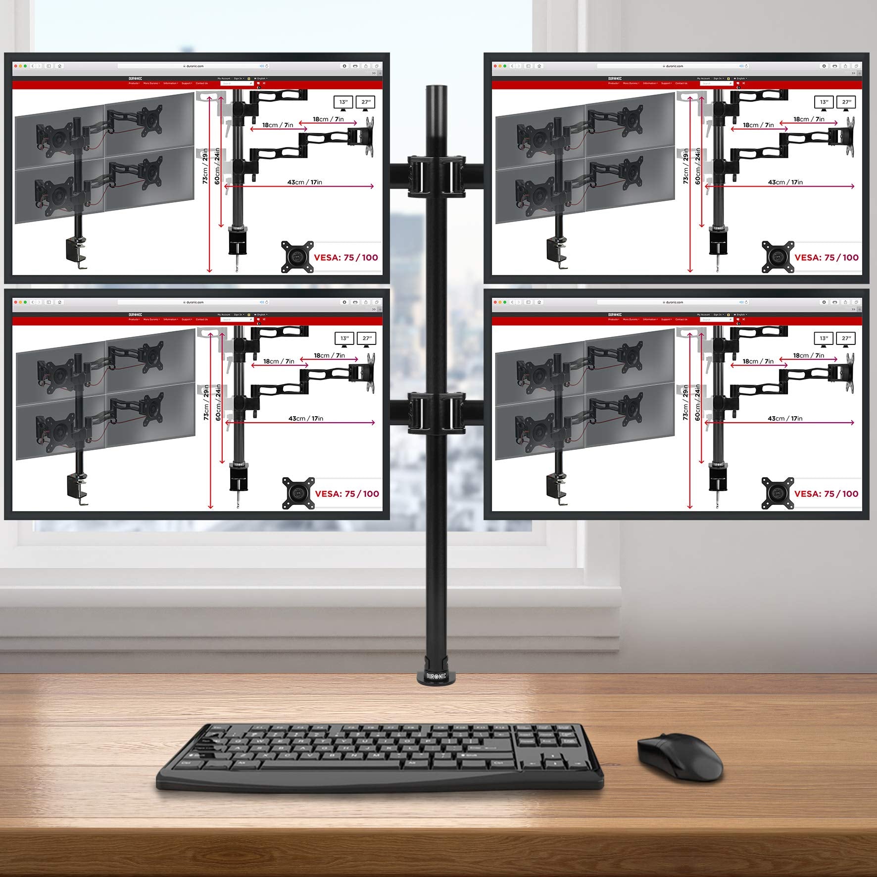 Duronic Computer Quad Monitor Arms DM254 Adjustable Quad Monitor Stand Riser Clamp for 13-27” screens 4 Monitor Desk Mounts with VESA 75/100 Four Monitor Mount with 8kg Capacity Stand for Home Office