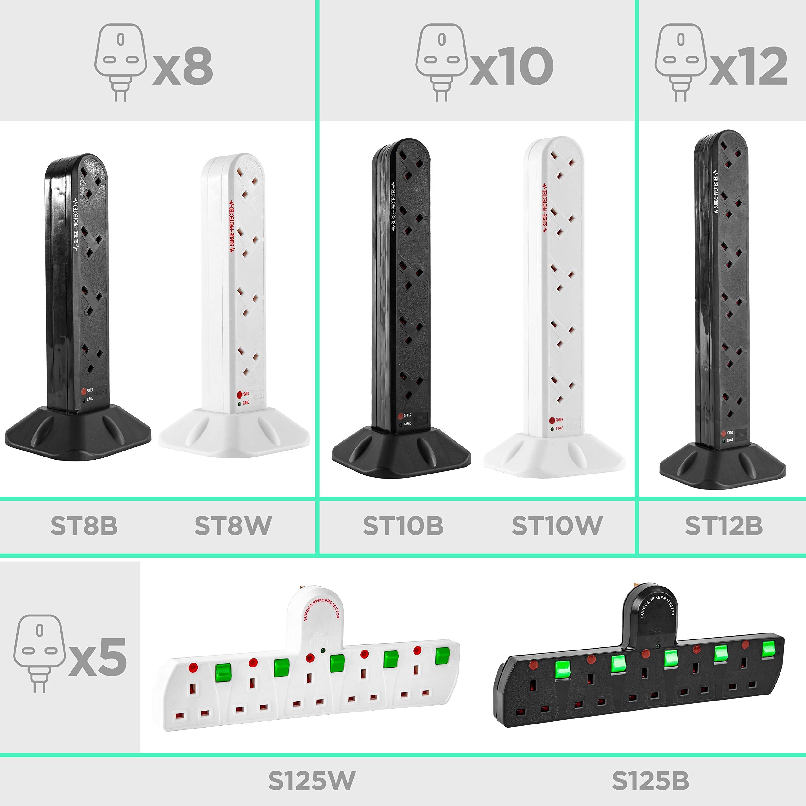 Duronic Extension Lead Tower ST10W Power Strip Cord Adaptor 10 Gang Way | Electric UK Multi Plug Socket Adapter White |Surge & Spike Protector| Max. 3000W Capacity | 1.8 Metre Power Cable