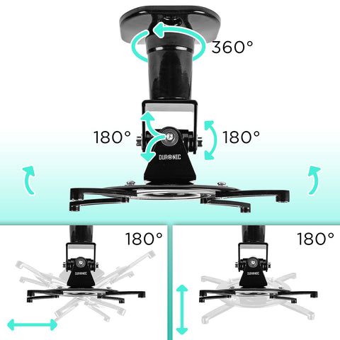 Duronic Projector Mount Stand for Ceiling or Wall Bracket PB01XB | 10kg Capacity | Multi-Fit Projector Bracket| Adjustable Clamp | Tile Swivel Rotate | Black