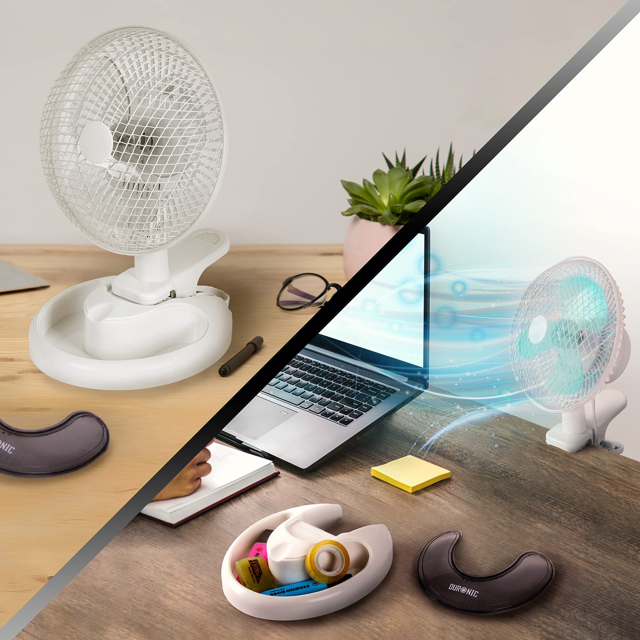 Duronic Mini Desk Fan FN15 Cooling Fan, Clip On Fan, Desktop Fan, Wall Mount, 2 Speed Oscillating Mountable Tilt Stand Fan with Storage Compartment, Air Cooler Portable Summer Fan for Office Home Bedroom Gym Travel Holidays