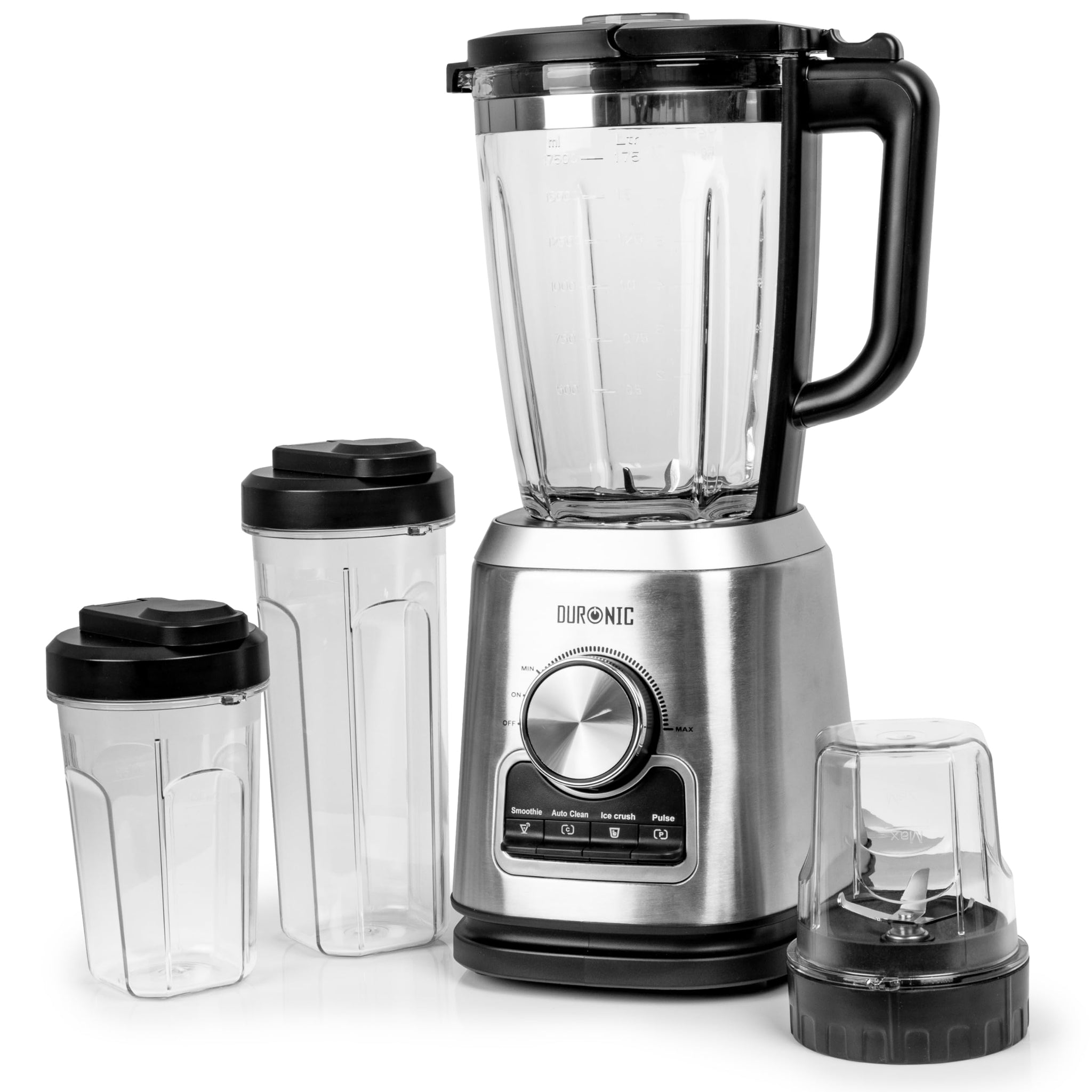 Duronic Jug Blender BL114 with Grinder 1.75L Glass Table Jug, 1400W Stainless Steel Mini Blender with 6 sided Blades, with Pre-Set Functions, Ideal for Baby food, Soups and Protein Shakes